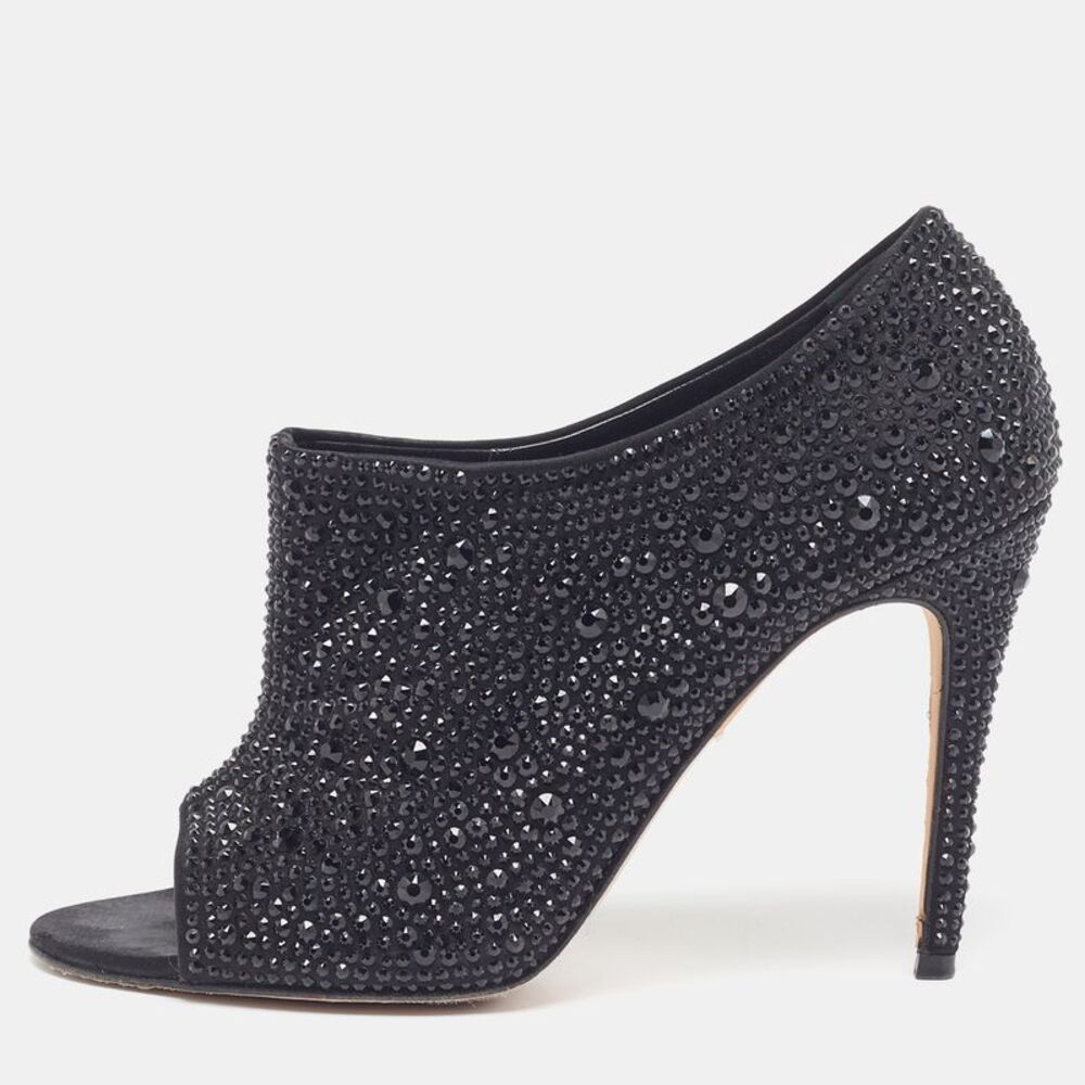 Gina Size 40 Black Satin Crystal Embellished Open Toe Booties
